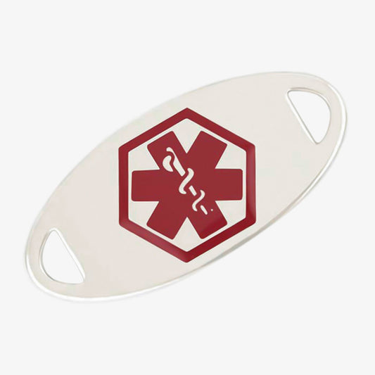 Plain silver tone oval medical alert tag with large red medic alert symbol on front in center