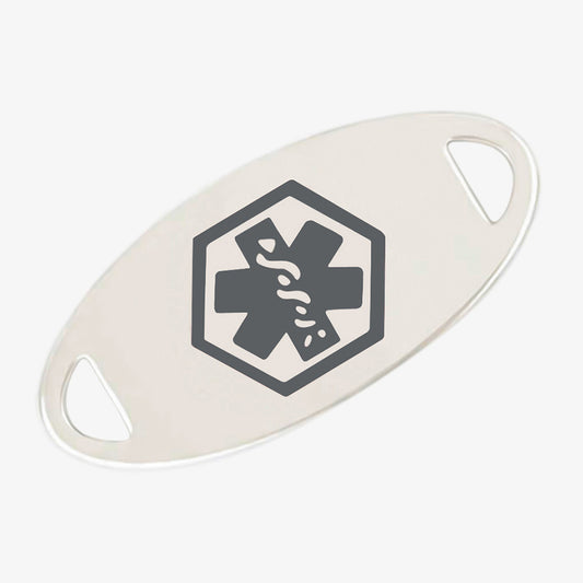 Oval stainless steel silver tone medical ID tag with charcoal grey symbol in center