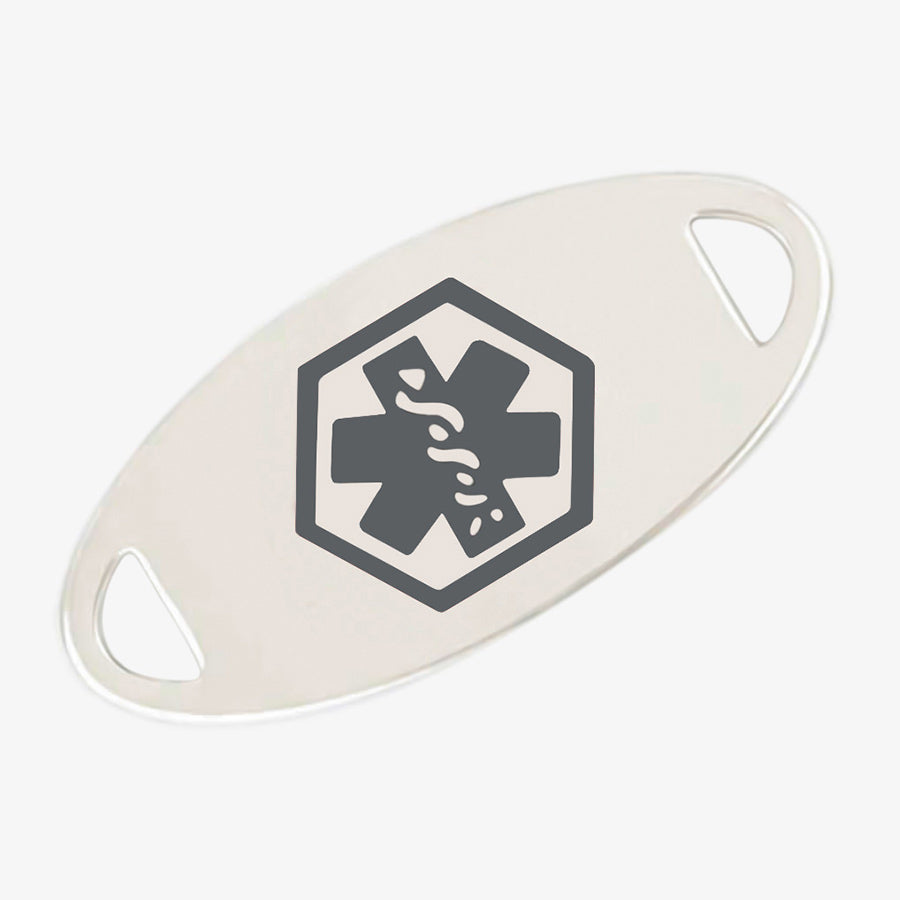 Oval stainless steel silver tone medical ID tag with charcoal grey symbol in center