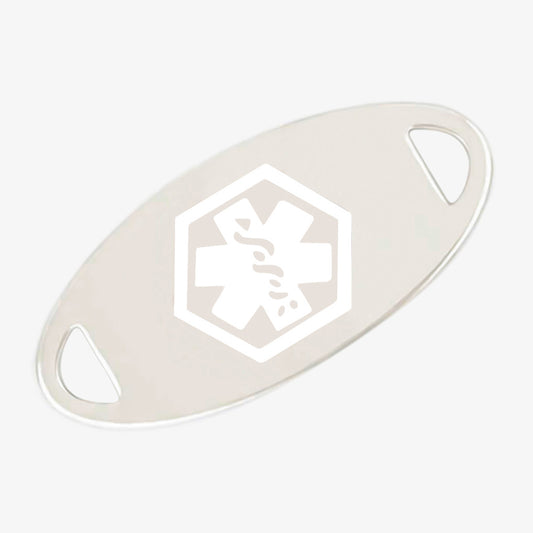 Stainless steel medical ID tag with white medical symbol.