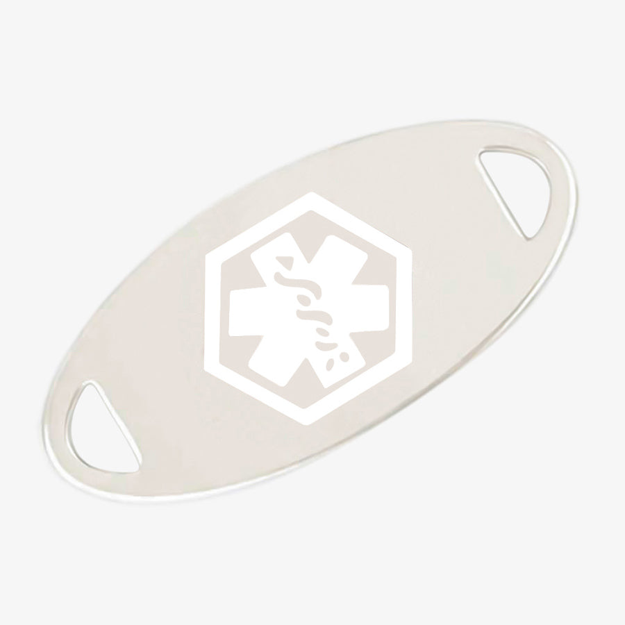 Stainless steel medical ID tag with white medical symbol.