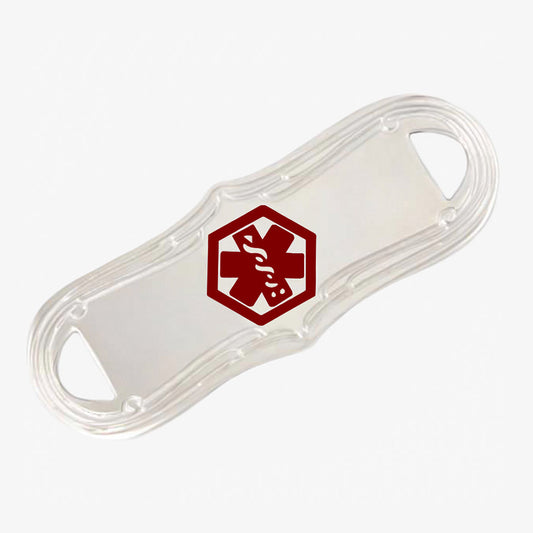 Stainless steel ID tag with a decorative border with red medical symbol