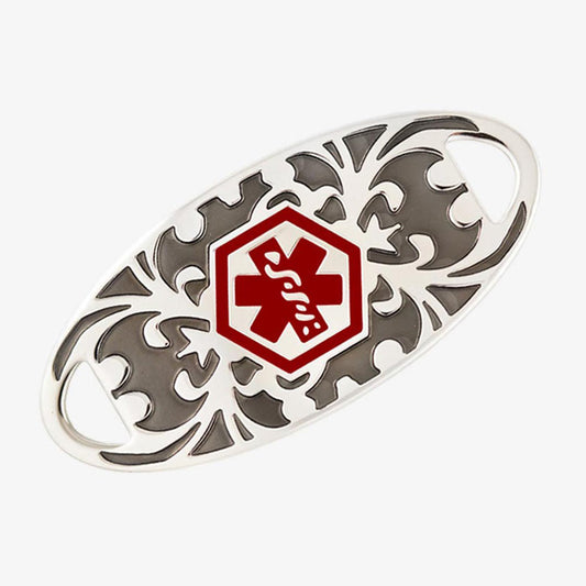 Stainless steel tag with gray floral gardenia pattern with a red medical symbol