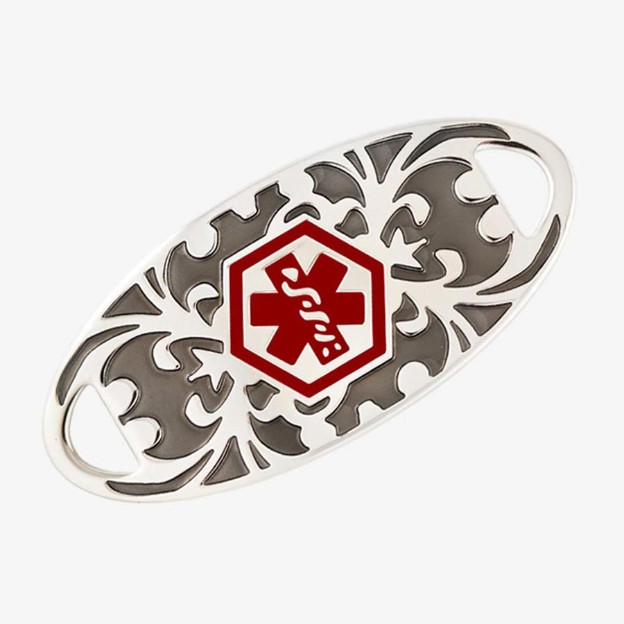 Stainless steel tag with gray floral gardenia pattern with a red medical symbol