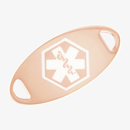 The Rose Gold Tone Oval Medical ID Tag, a water-resistant 1-1/2” x 5/8” rose plated stainless med ID tag with white caduceus