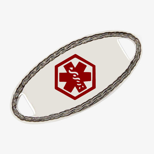 Silver stainless steel medical ID tag with rope pattern border design and medical caduceus symbol