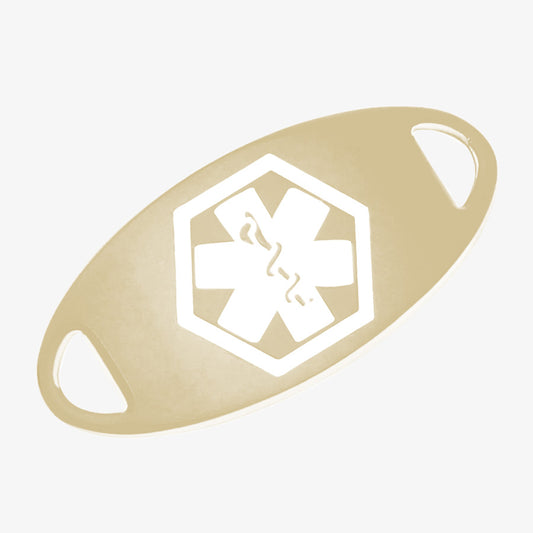 Gold tone medical ID tag with a white medical symbol.