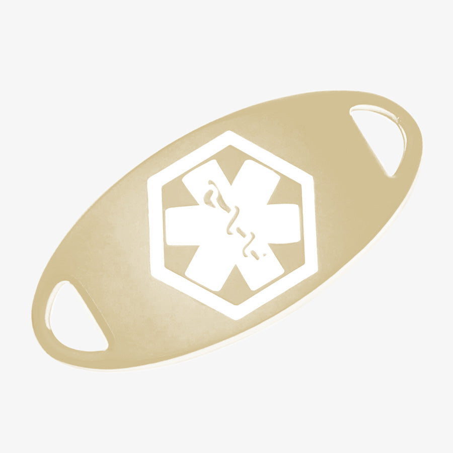 Gold tone medical ID tag with a white medical symbol.