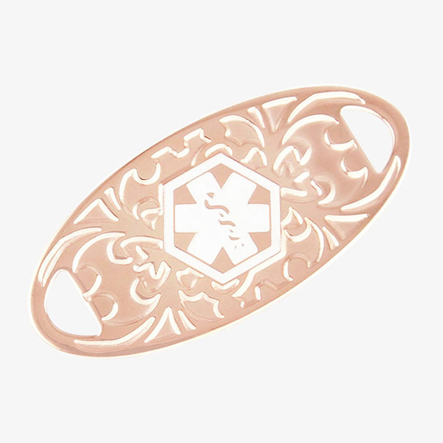 Rose gold tone stainless steel medical ID tag with a gardenia floral pattern in rose gold.