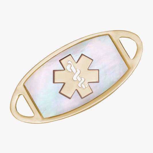 Gold tone stainless steel oval medical ID tag with mother of pearl inlay and gold tone medical caduceus symbol at the center.