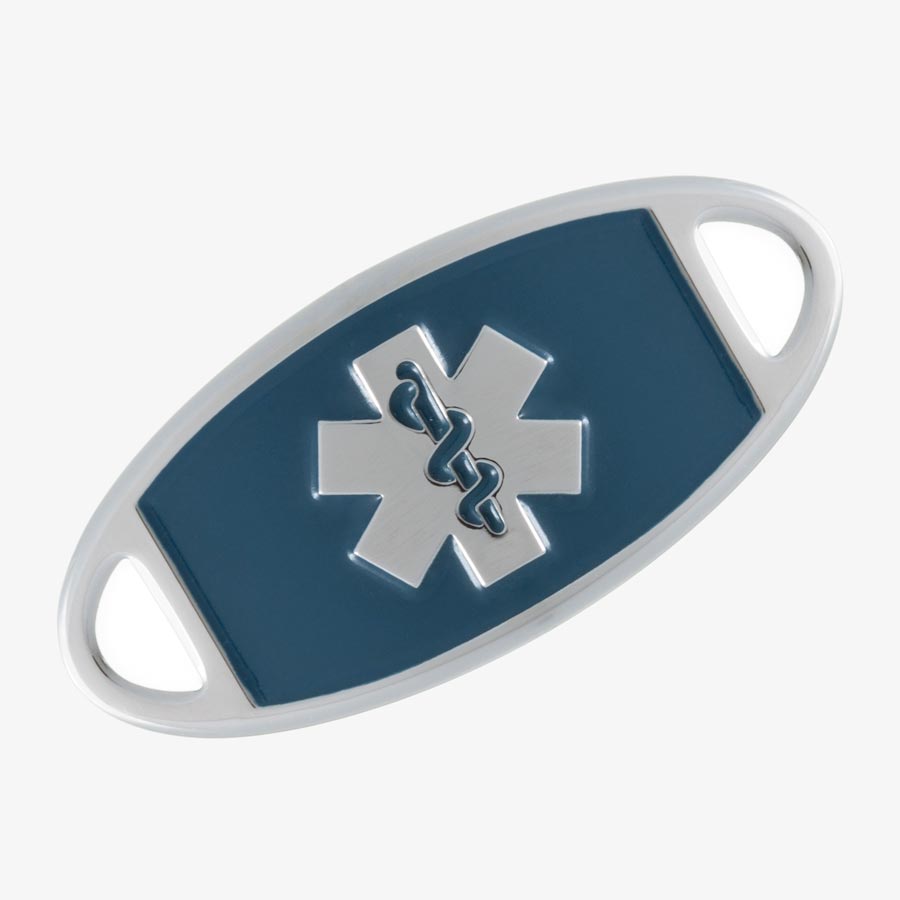 Stainless steel oval medical ID tag with sapphire blue inlay and silver medical caduceus symbol.