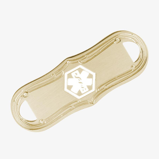 14 Karat gold medical ID tag with decorative boarder and white medical symbol in the center.