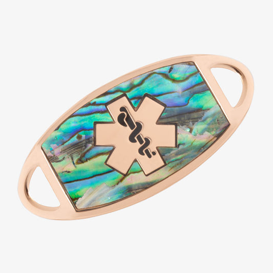 Rose gold tone stainless steel flat medical ID tag with natural abalone inlay and rose gold tone medical symbol.