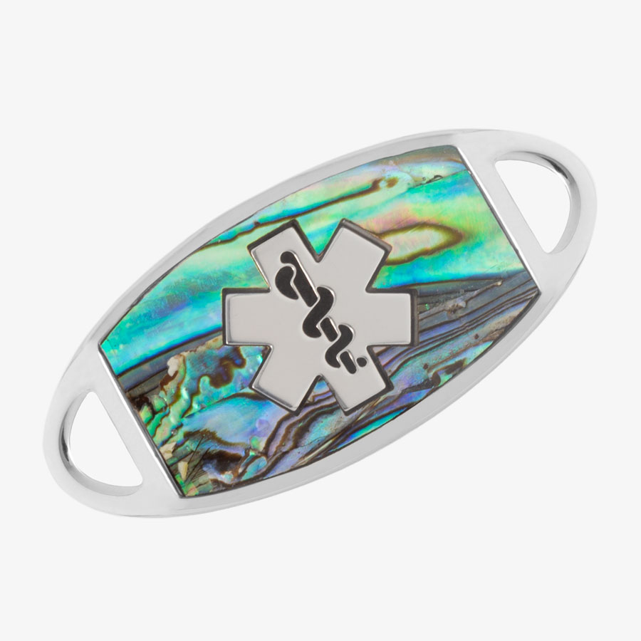 Flat stainless steel med ID tag with natural abalone inlay and silver tone medical symbol.