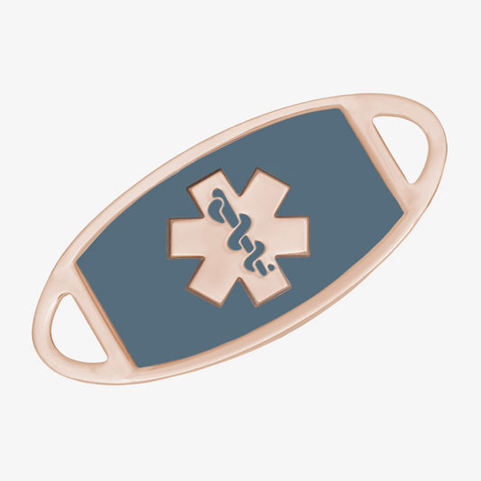 Rose gold tone stainless steel medical ID tag with sapphire blue inlay and coordinating rose gold tone medical symbol.