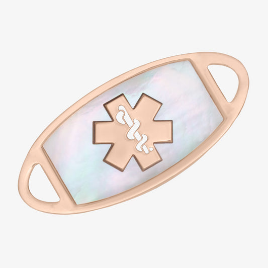 Rose gold and mother of pearl medical ID alert tag in stainless steel