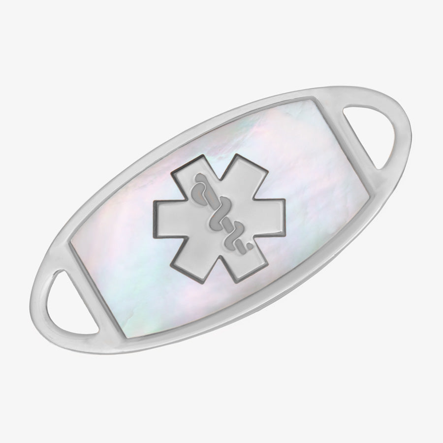 Silver and mother of pearl medical ID alert tag in stainless steel