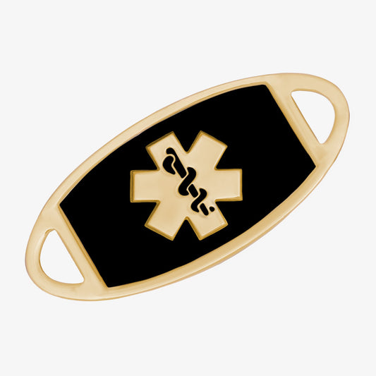 Medical ID tag with black enamel inlay and gold plated stainless steel