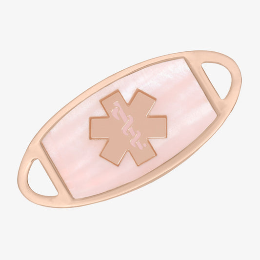 Rose gold and pink mother of pearl medical ID tag with rose gold medical caduceus symbol