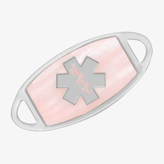 Silver and pink mother of pearl medical ID tag with silver and pink medical caduceus symbol