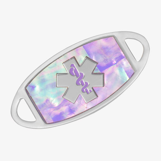 Stainless steel medical ID tag with lilac abalone inlay and coordinating silver tone medical symbol.