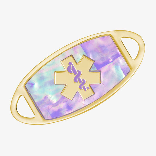 Gold tone stainless steel medical ID tag with gold tone medical symbol and lilac abalone inlay.