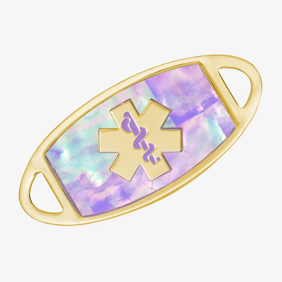 Gold tone stainless steel medical ID tag with gold tone medical symbol and lilac abalone inlay.