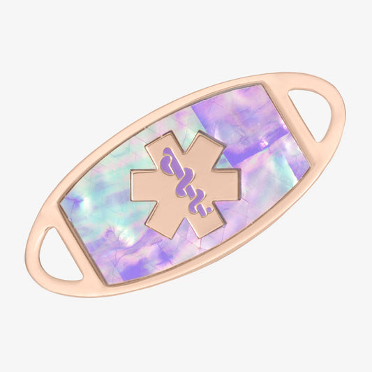 Rose gold tone stainless steel medical ID tag with lilac abalone inlay and rose gold tone medical symbol at the center.