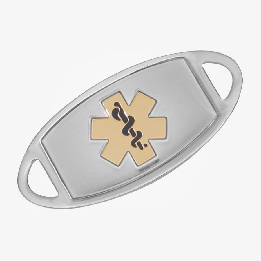 Silver medical ID tag with gold medical caduceus symbol