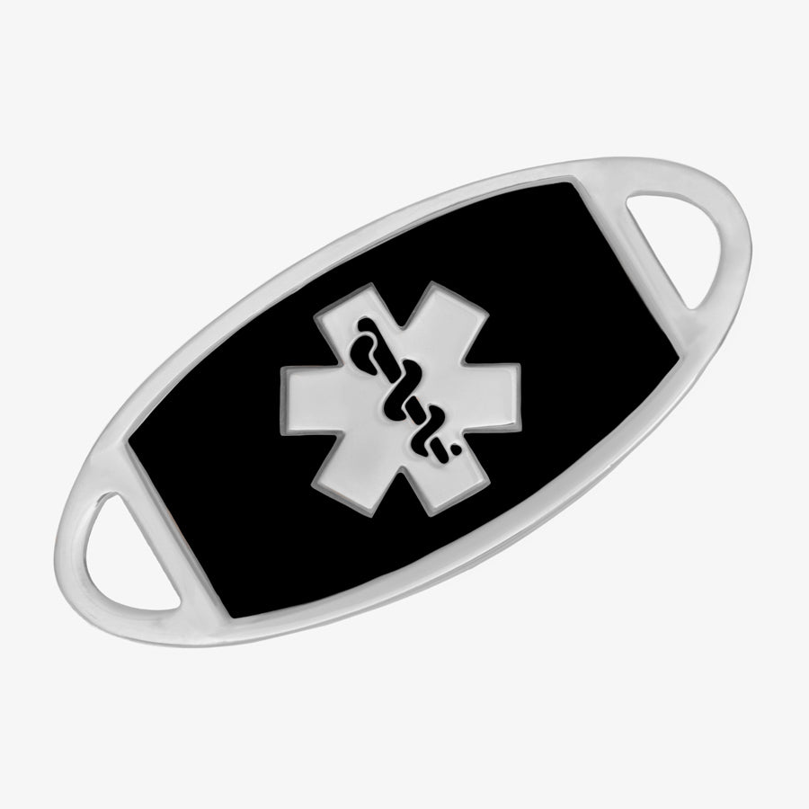 Stainless steel medical ID tag with black inlay and silver tone medical caduceus symbol at the center.