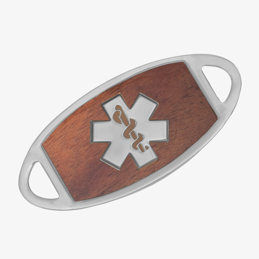 Stainless steel medical ID tag with silver tone medical symbol and cedar-tone wood inlay.