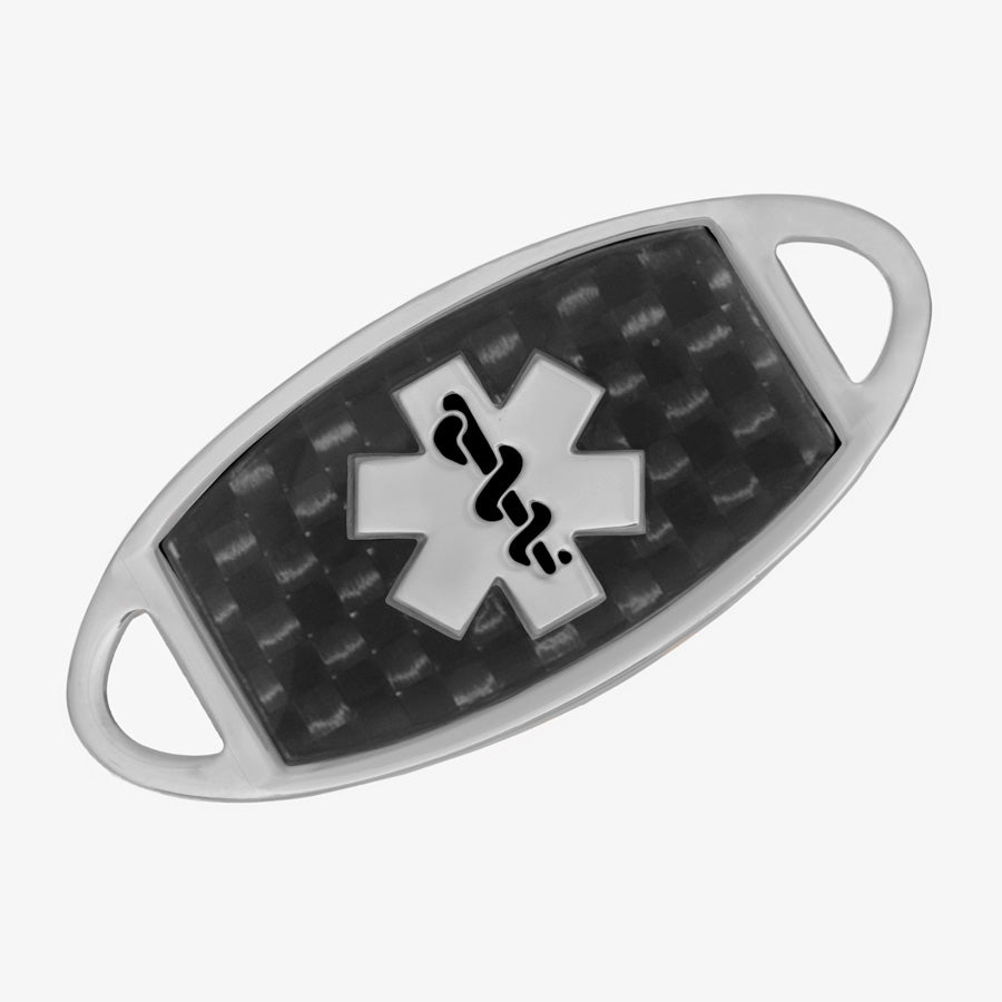 Stainless steel medical ID tag with carbon fiber inlay