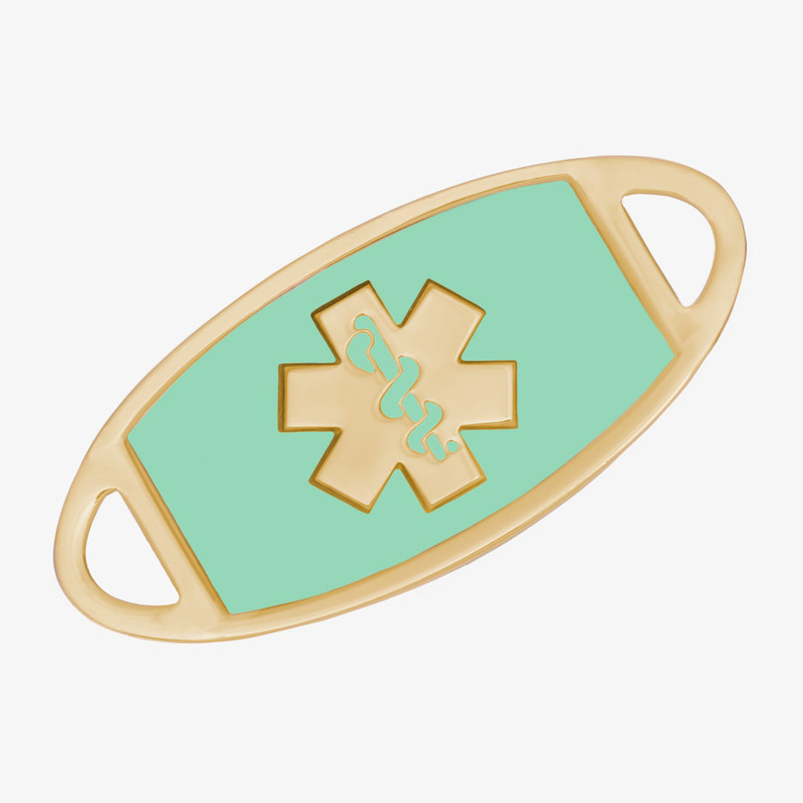 Gold medical ID tag with mint green enamel inlay and bold gold medical caduceus symbol