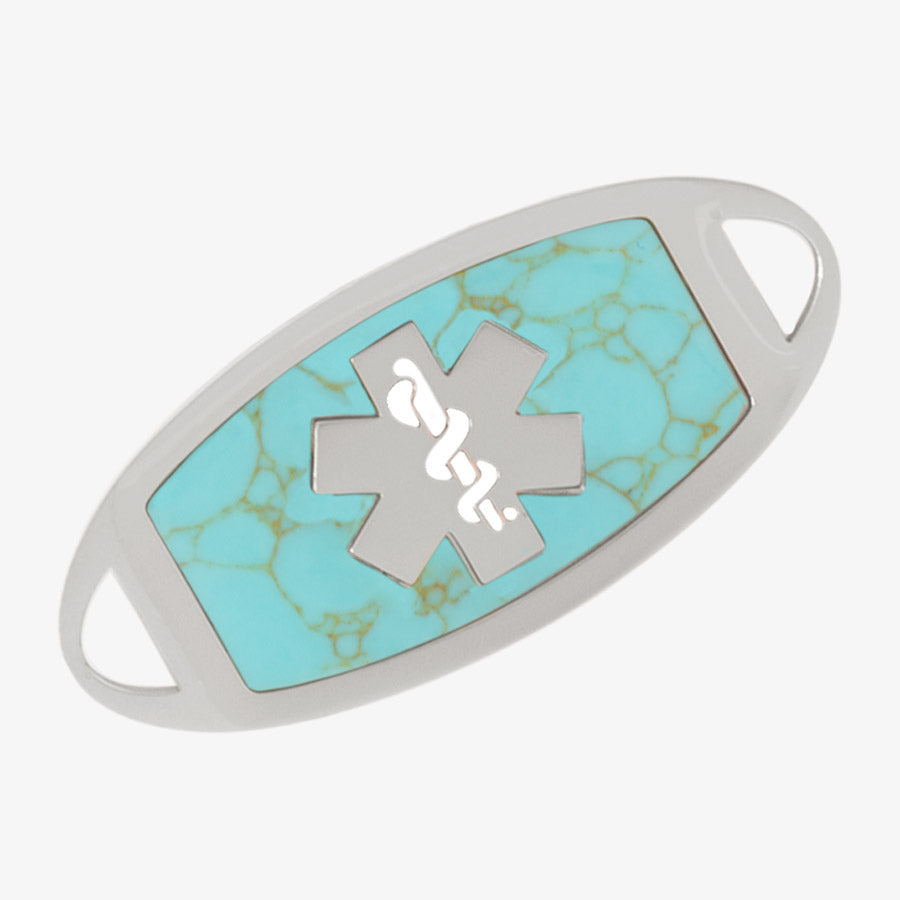 Medical ID tag with turquoise inlay with veining laid on stainless steel