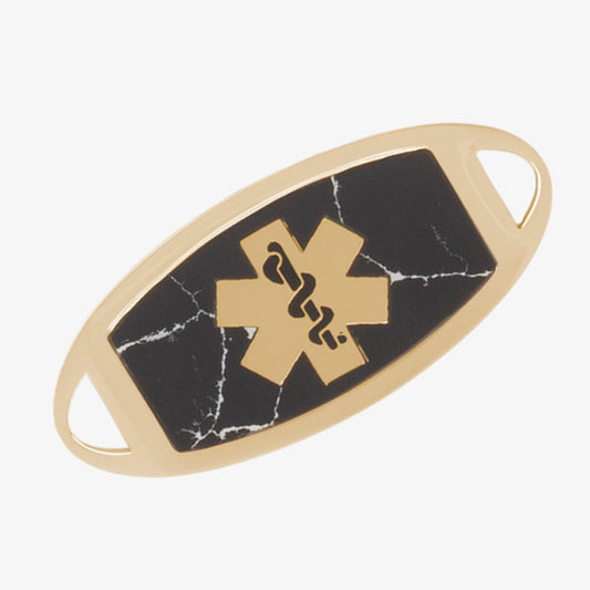 Gold tone stainless steel medical ID tag with black marble inlay and gold tone medical symbol at the center.