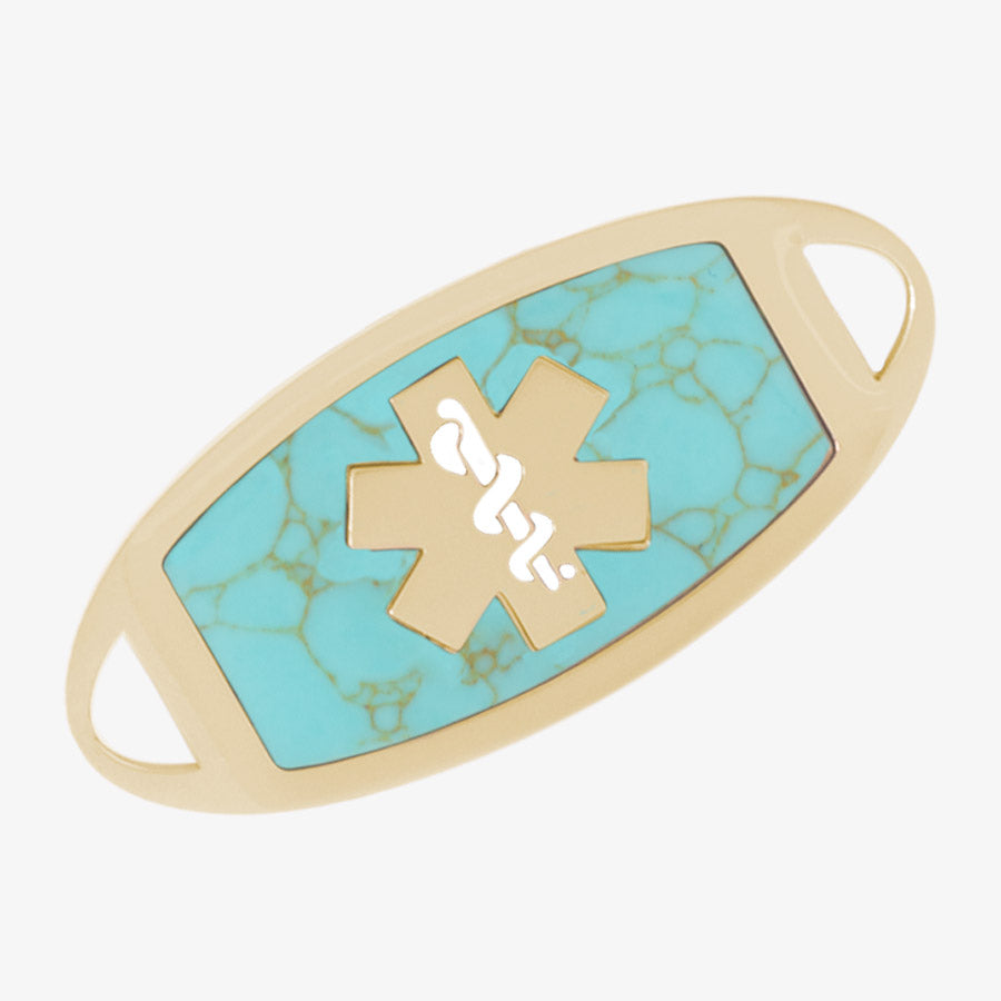 Turquoise inlay medical ID alert tag in gold with gold medical symbol