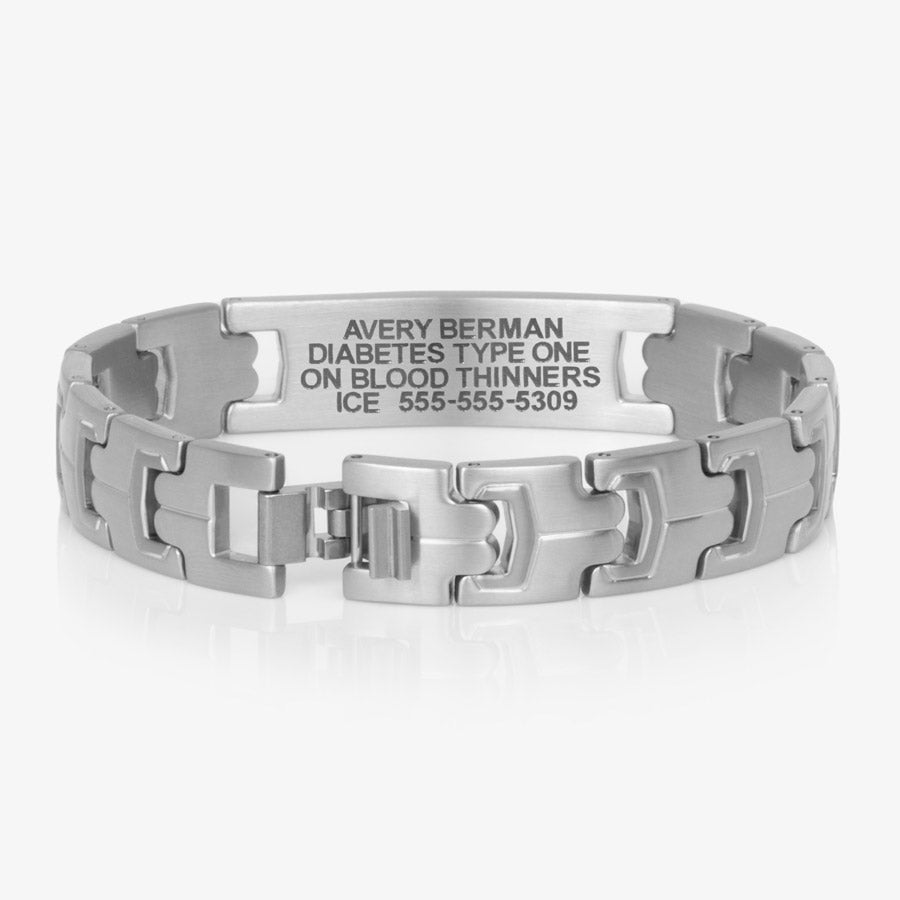 Premium laser engraving and open closure on stainless steel link style bracelet.