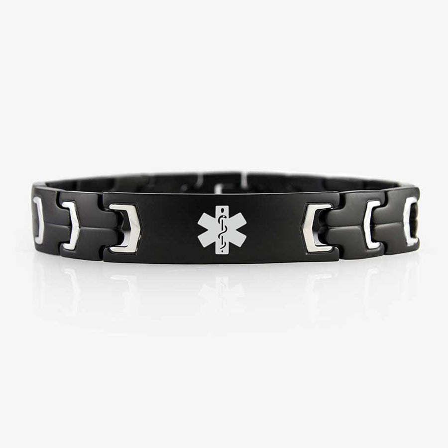 Black stainless steel linked bracelet with white medical symbol