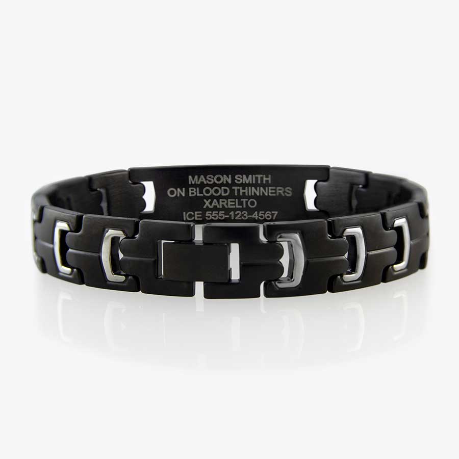 Laser engraved medical ID bracelet with black and silver accent links