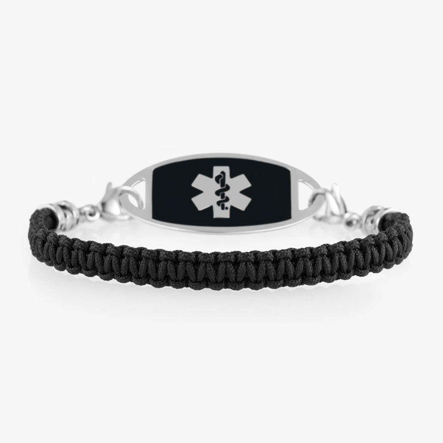 Woven black macrame band with silver clasps and matching silver tone medical alert tag with silver and black