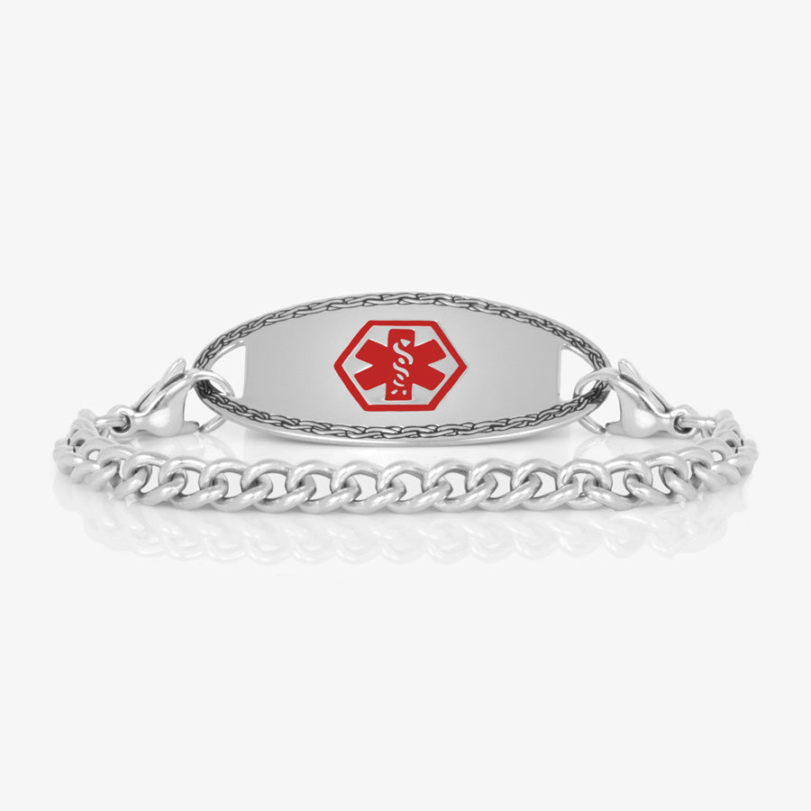 Small stainless steel curb chain with uniform links and a matching silver med alert tag with red symbol