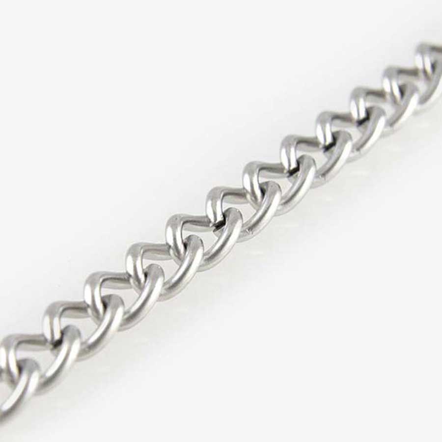 Portion of a silver tone stainless curb chain for a medical ID bracelet with lobster clasps on each end. On white background