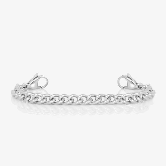 Silver tone stainless curb chain for medical ID bracelet with lobster clasps on each end. No tag is shown. White background