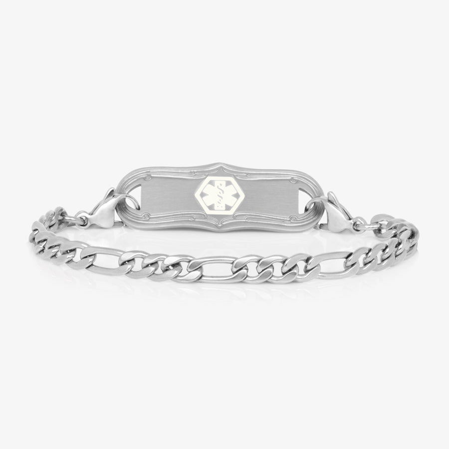 Stainless steel figaro style medical ID alert chain bracelet with decorative medical ID tag