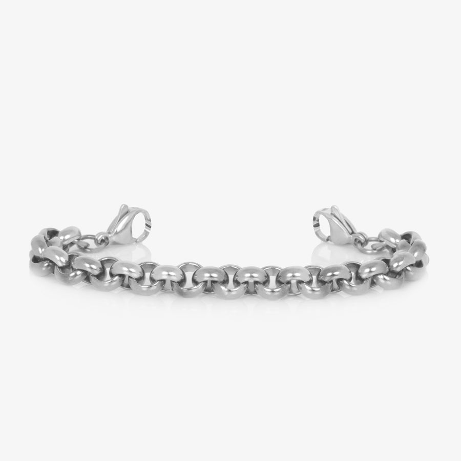 Stainless steel rolo chain medical ID bracelet with stainless steel lobster clasps at each end.