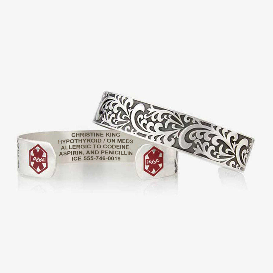 Floral scroll medical alert cuff with decorative pattern and custom laser engraving