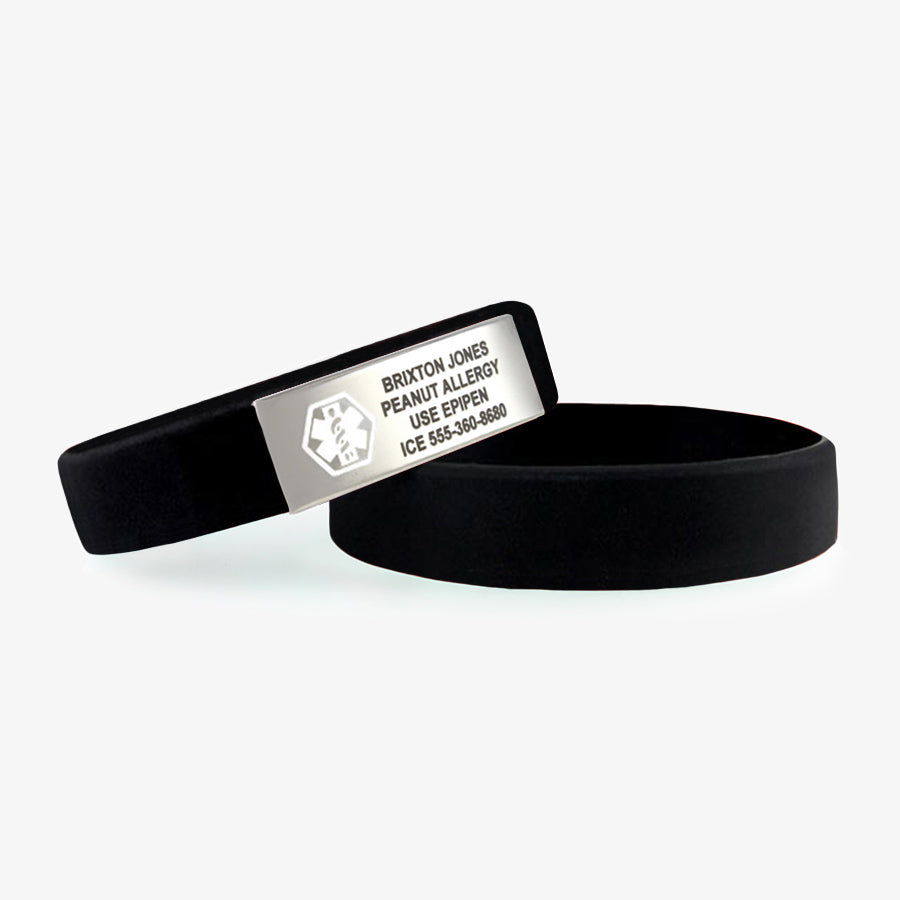 Black Medical ID Bracelet. 2 silicone bands, stainless plaque with white caduceus. Word banner: EXTRA SILICONE BAND INCLUDED