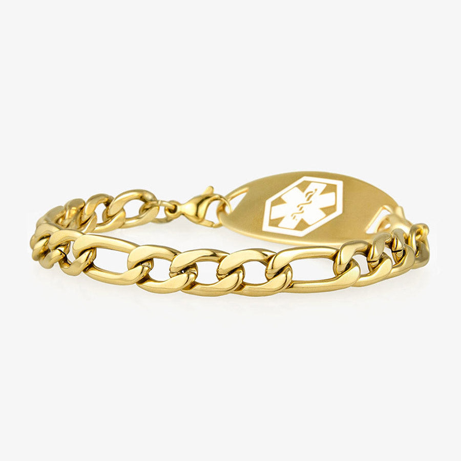 Side view of gold medical alert bracelet with identification plaque