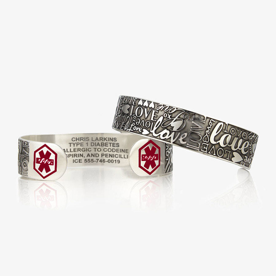 Stainless steel medical alert cuff bracelet with different font styles of the word &quot;Love&quot; with premium laser engraving