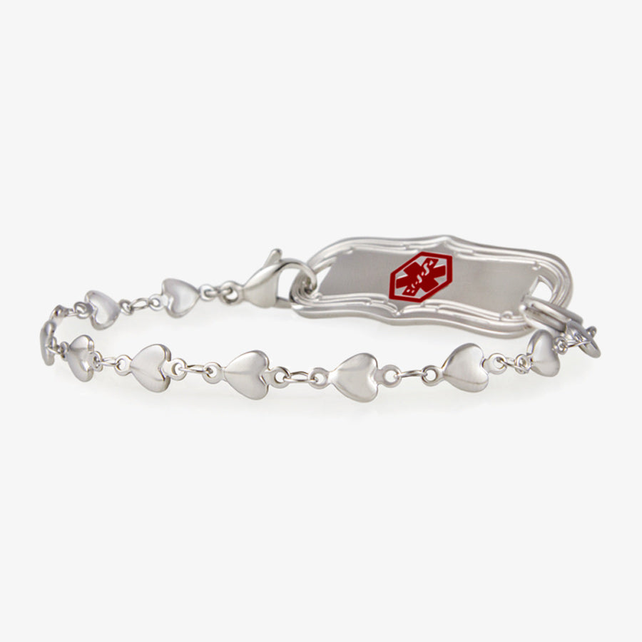 Medical alert chain with tiny heart links and decorative medical alert tag